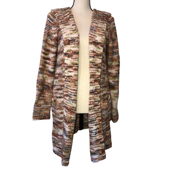 Hooded Sweater Size M Open Cardigan Multi Color Earth Tones Pockets Long Cozy - Picture 2 of 7